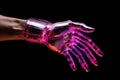 Captivating Holographic Illusion Illuminating the Dark-Skinned Palm with Dynamic Colors and Shapes