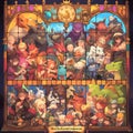 Fantasy Stained Glass Illustration with Characters and Dragons