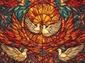 Pentecost Illustration with Flames Descending on Apostles and Dove Symbolizing the Holy Spirit, Vibrant Stained Glass Style Royalty Free Stock Photo