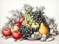 Nature's Bounty: Vibrant Mixed Fruit Collection. Black and white and colour illustration. AI generated.