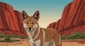 Dingo in Australian Outback with Red Rock Mountains and Greenery Artistic Illustration Royalty Free Stock Photo