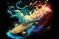 Skateboard with colorful flames on black background