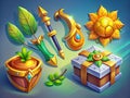 Vibrant Cartoon Illustrations for Mobile Games Leaf Coin Weapon and Gift Assets Showcase Playful Character Design