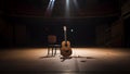Acoustic guitar on a stage in a dark room with a spotlight. Music concept. Generative AI. Royalty Free Stock Photo