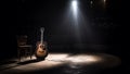 Acoustic guitar on a stage in a dark room with a spotlight. Music concept. Generative AI. Royalty Free Stock Photo