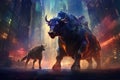 A captivating image of a bull and a dog navigating the bustling streets of a city under the moonlight, Brainstorming concept with