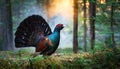 Capercaillie in Deep Forest Majestic Tetrao Urogallus Roaming Mystical Woodland Twilight, Captured in the Enchanting Lowlight of a Royalty Free Stock Photo
