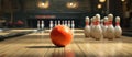 Closeup of Candlepin Bowling Action with Vibrant Ball and Pins on Wooden Lane, Featuring Generous Copy Space for Sports Royalty Free Stock Photo