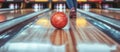 Closeup of Candlepin Bowling Action with Vibrant Ball and Pins on Wooden Lane, Featuring Generous Copy Space for Sports Royalty Free Stock Photo