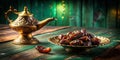 A Symbol of Ramadan A Stunning Display of Bronze Dates and an Enchanting Aladdins Lamp on a Rich Royalty Free Stock Photo