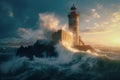 Lighthouse at Sunset Amidst the Stormy Night Sea - ai