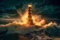 Lighthouse Silhouetted in Backlight amidst Stormy Sea and Waves - ai