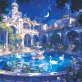 Enchanting Palace at Night with Swans