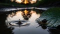 A Serene Moment: Snail Resting on Dewy Leaf with Water Droplet Impacting Puddle Royalty Free Stock Photo