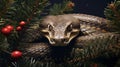 Yuletide Intruder: Snake Coiled Amid Christmas Fir Branches, Nightly Elegance