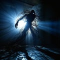 Shadowy Tendrils: A Menacing Abstract Creature in Eerie Blue Lighting