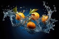 A captivating image capturing a group of vibrant oranges effortlessly buoying in a serene water body, Play with orange and blue Royalty Free Stock Photo