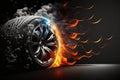 Car wheel with fire flames on black background Royalty Free Stock Photo