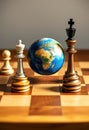 Global Strategy: Chess Pieces and Earth Globe in Dramatic Lighting Royalty Free Stock Photo