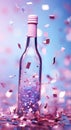 A captivating image of a clear glass bottle filled with iridescent confetti, set against a dreamy pink and blue background. The bo