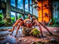 Abandoned Urban Exploration A Massive Goliath BirdEating Spider Consumes SalmonPink Prey Captured in Decaying Royalty Free Stock Photo