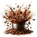 Splash coffee beans cup drink espresso caffeine beverage mocha aroma morning brew taste Royalty Free Stock Photo