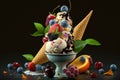 Ice cream with fruits and berries in a bowl on a black background