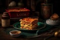 Ai Generative Traditional Italian lasagna on a wooden table. Selective focus