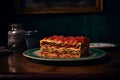 Ai Generative Traditional Italian lasagna on a wooden table. Selective focus