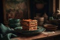 Ai Generative Traditional Italian lasagna on a wooden table. Selective focus