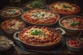 Ai Generative Traditional Italian lasagna on a wooden table. Selective focus