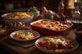 Ai Generative Traditional Italian lasagna on a wooden table. Selective focus