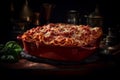 Ai Generative Traditional Italian lasagna on a wooden table. Selective focus