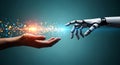 Human and Artificial Intelligence Connection with Hands Reaching Out and Sparkles of Light Royalty Free Stock Photo