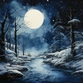 Beautiful Snowy Night Landscape with a Large Full Moon Illuminating a Creek Running Through a Forest Royalty Free Stock Photo