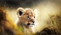 A Majestic Image of a Cute Lion Cub in a Forest Meadow on a Glorious Summer Day. Generative AI