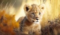 A Majestic Image of a Cute Lion Cub in a Forest Meadow on a Glorious Summer Day. Generative AI