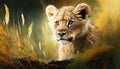 A Majestic Image of a Cute Lion Cub in a Forest Meadow on a Glorious Summer Day. Generative AI