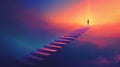 Conceptual business man climbing a stair over the clouds at sunset background