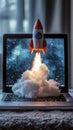 Dynamic Rocket Emerges from Laptop Amidst Cloud Smoke