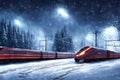 The Swift Progression of High Speed Trains through a Snowy Forest Edge Amidst Falling Snowflakes. AI generated