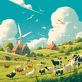 Vibrant Pastoral Scene: Livestock and Windmills Royalty Free Stock Photo