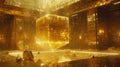 A captivating image of an eldritch golden code enveloping a cube in a mysterious sci fi setting