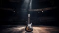 Electric guitar on a stage in a dark room with a spotlight. Music concept. Generative AI. Royalty Free Stock Photo