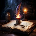 Enchanted Feather Pen with Glowing Flames on Ancient Book Royalty Free Stock Photo