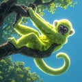 Electric Lime Green Monkey Swinging Through Trees