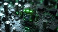 Close-Up of Iconic Android Revolution Symbol with Depth-of-Field Effect, Featuring Sleek Green and Black Robot, Technolo Royalty Free Stock Photo