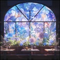 Ethereal Stained Glass Window with Plants and Flowers Royalty Free Stock Photo
