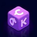 An glowing image of a purple cube with a painted logo. The background is a midnight black color, Royalty Free Stock Photo