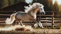 Stunning White-Maned Horse Showcasing Grace and Power on Sand Track. Stallion with Flowing Silver Mane.
